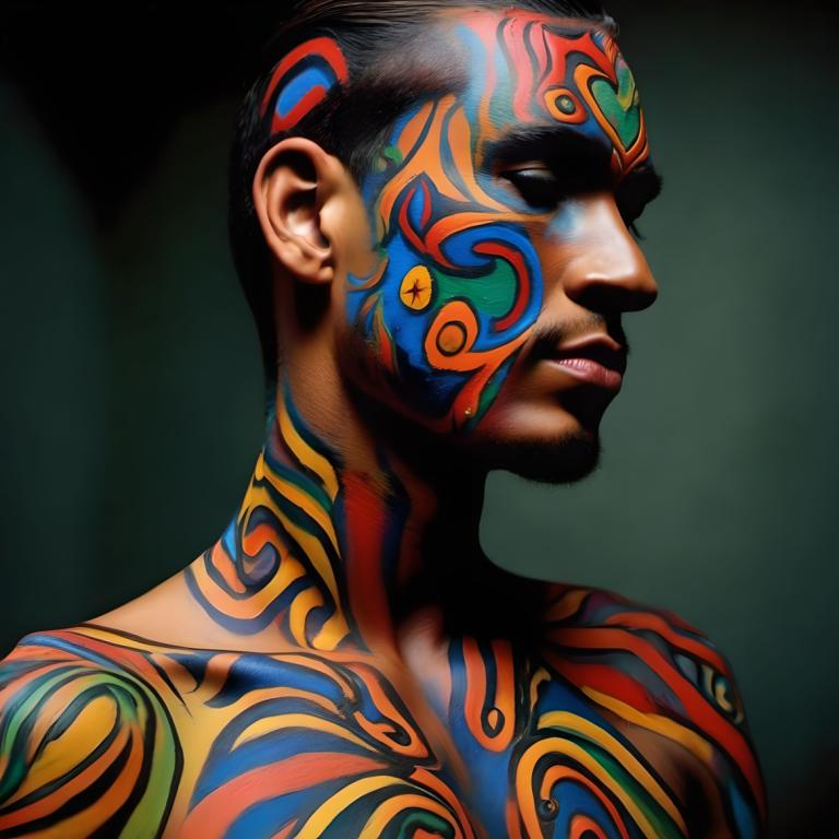 Bodypainting,Bodypainting, People, man, 1boy, solo, male focus, tattoo, black hair, facial hair, facepaint