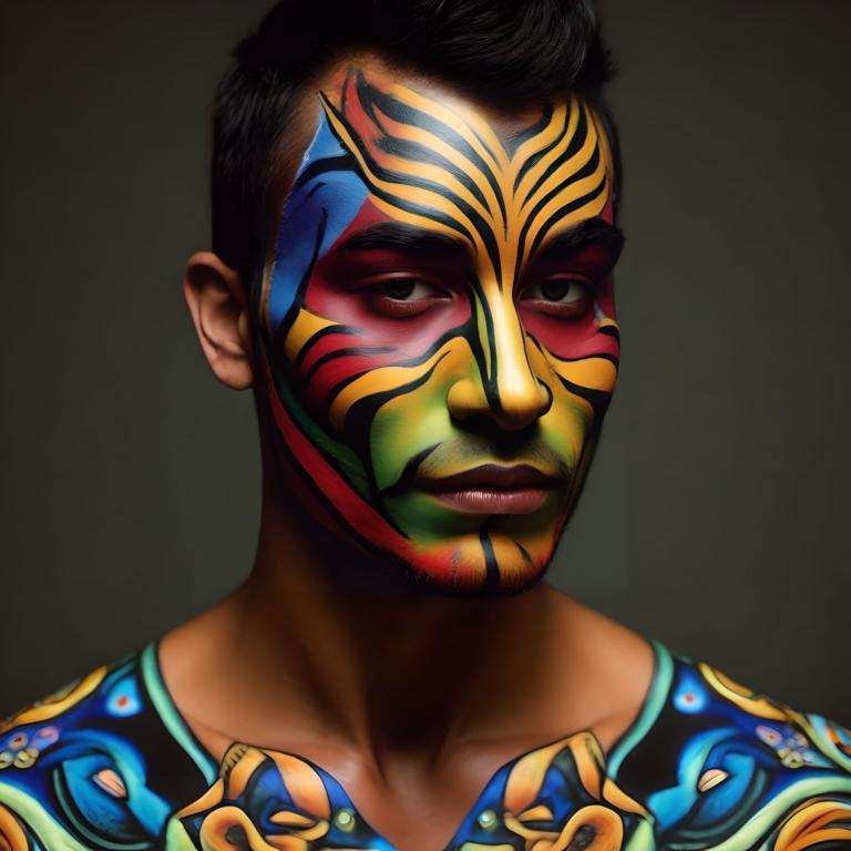 Bodypainting,Bodypainting, Mennesker, mand, 1 dreng, mandligt fokus, solo, sort hår, ansigtshår, portræt