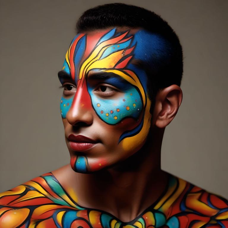 Bodypainting,Bodypainting, People, man, solo, male focus, 1boy, black hair, portrait, black eyes, facepaint