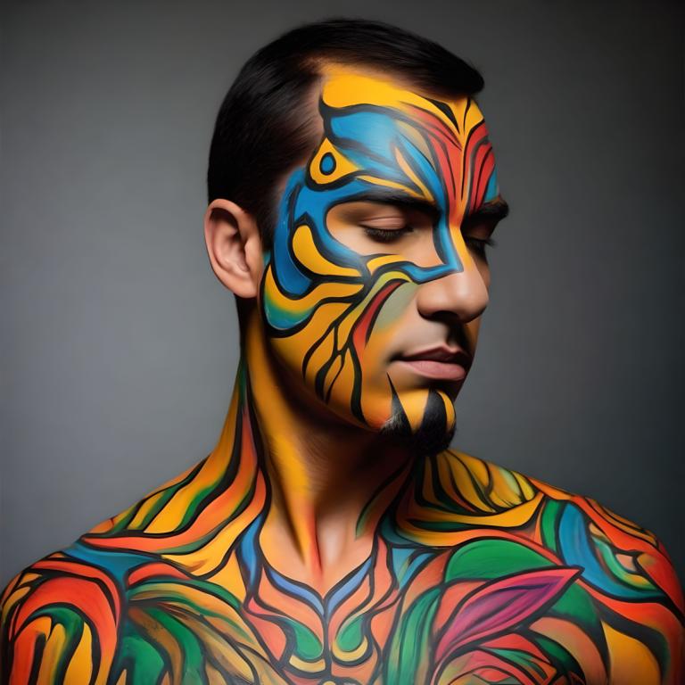 Bodypainting,Bodypainting, Mennesker, mand, solo, 1 dreng, mandligt fokus, sort hår, ansigtshår, lukkede øjne