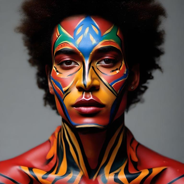 Bodypainting,Bodypainting, Mennesker, mand, solo, 1 pige, sort hår, afro, portræt, øreringe, mørk hud