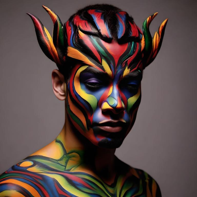 Bodypainting,Bodypainting, Mennesker, mand, solo, mandligt fokus, 1 dreng, grå baggrund, enkel baggrund