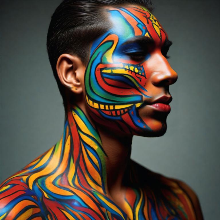 Bodypainting,Bodypainting, Mennesker, mand, solo, 1 dreng, mandligt fokus, sort hår, profil, realistisk