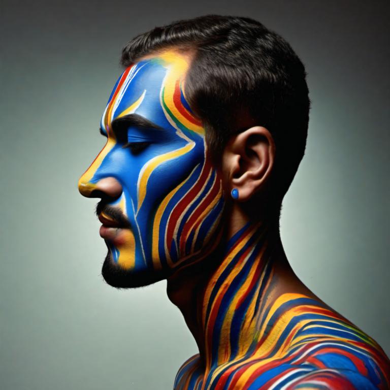 Bodypainting,Bodypainting, Lidé, muž, sólo, 1 kluk, mužské zaměření, šperky, náušnice, černé vlasy, profil