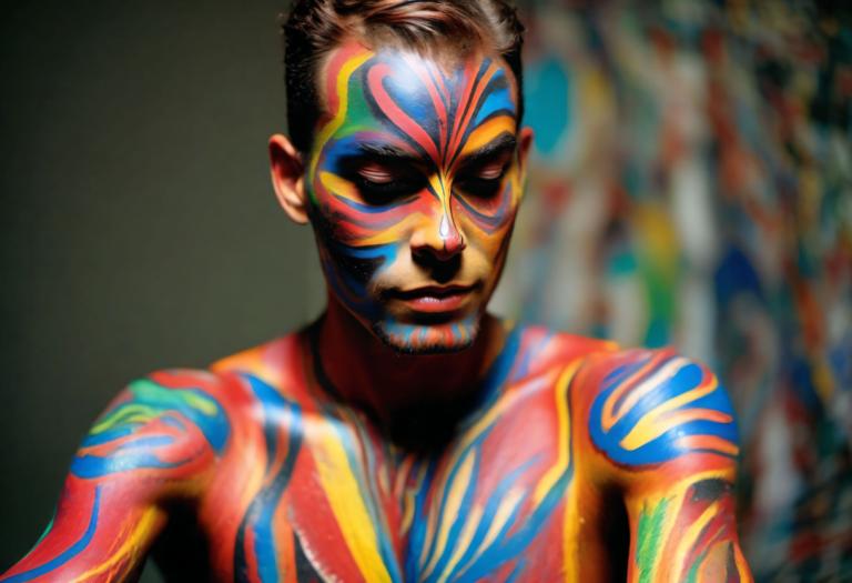 Bodypainting,Bodypainting, People, man, 1boy, solo, male focus, bodypaint, upper body, blurry, facepaint