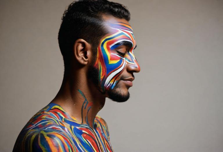 Bodypainting,Bodypainting, People, man, 1boy, solo, male focus, black hair, dark skin, dark-skinned male