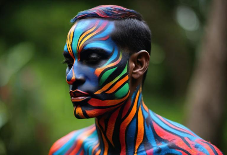 Bodypainting,Bodypainting, People, man, solo, 1boy, male focus, blurry background, blurry, black hair