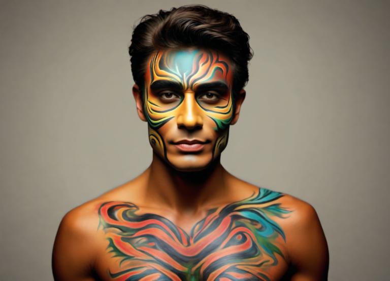 Bodypainting,Bodypainting, People, man, solo, 1boy, male focus, realistic, tattoo, black hair, upper body