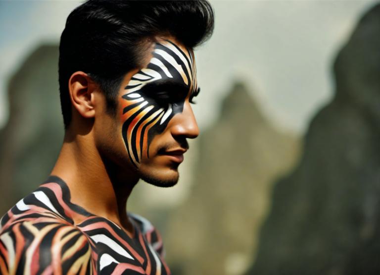 Bodypainting,Bodypainting, People, man, 1boy, male focus, solo, black hair, tattoo, profile, realistic