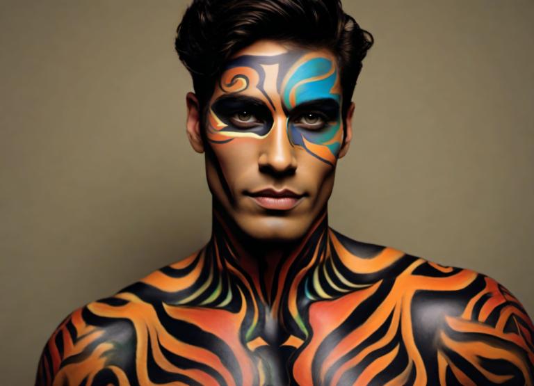 Bodypainting,Bodypainting, People, man, solo, 1boy, male focus, realistic, facepaint, tattoo, black hair