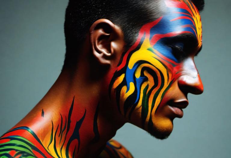 Bodypainting,Bodypainting, People, man, 1boy, male focus, solo, tattoo, black hair, realistic, profile