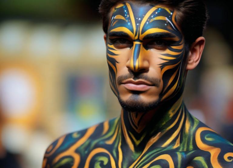 Bodypainting,Bodypainting, People, man, 1boy, male focus, solo, facial hair, blurry background, blurry