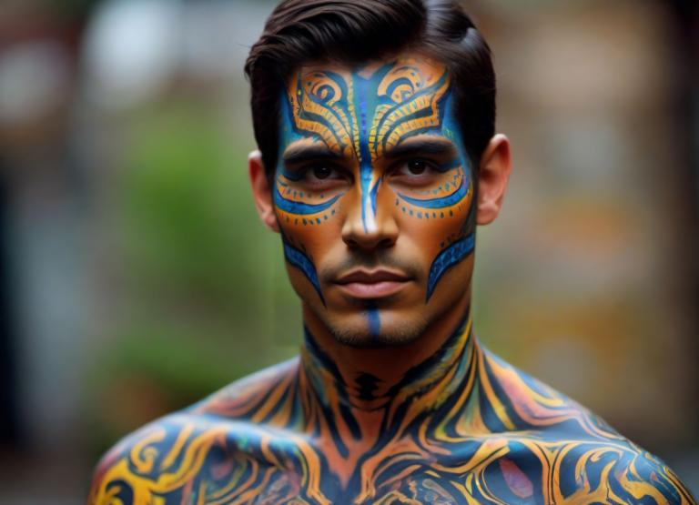 Bodypainting,Bodypainting, People, man, 1boy, solo, male focus, blurry background, blurry, black hair