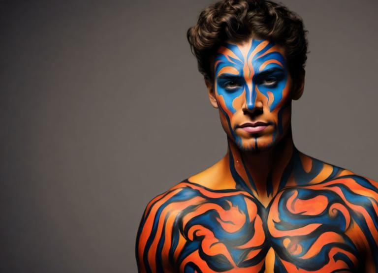 Bodypainting,Bodypainting, People, man, solo, 1boy, male focus, tattoo, realistic, facepaint, brown hair