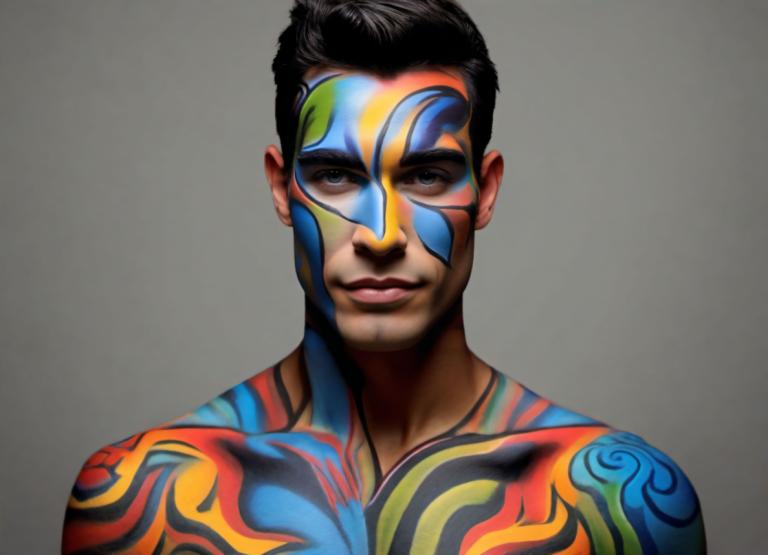 Bodypainting,Bodypainting, People, man, 1boy, solo, male focus, black hair, bodypaint, tattoo, realistic