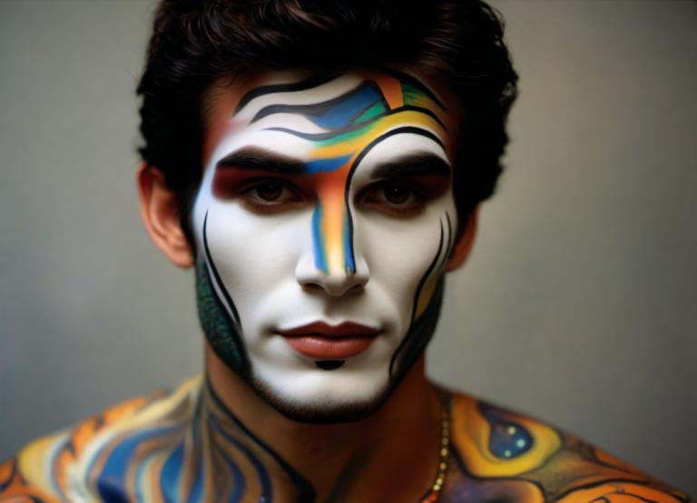 Bodypainting,Bodypainting, People, man, solo, 1boy, male focus, realistic, facepaint, brown eyes, black hair