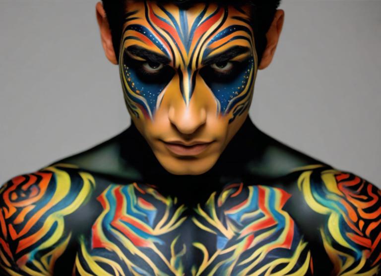 Bodypainting,Bodypainting, Mennesker, mand, solo, 1 dreng, mandligt fokus, enkel baggrund, ser på seeren