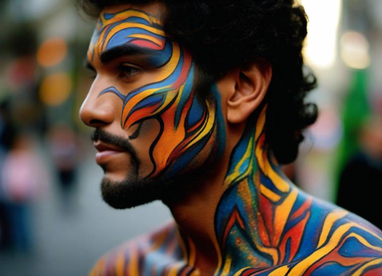 Bodypainting,Bodypainting, People, man, 1boy, male focus, facial hair, black hair, blurry, blurry background