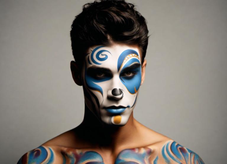 Bodypainting,Bodypainting, People, man, solo, 1boy, male focus, tattoo, facepaint, black hair, realistic