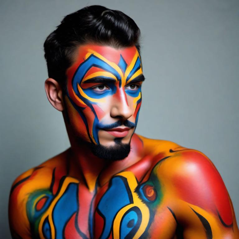 Bodypainting,Bodypainting, People, man, 1boy, male focus, solo, facial hair, black hair, multicolored clothes