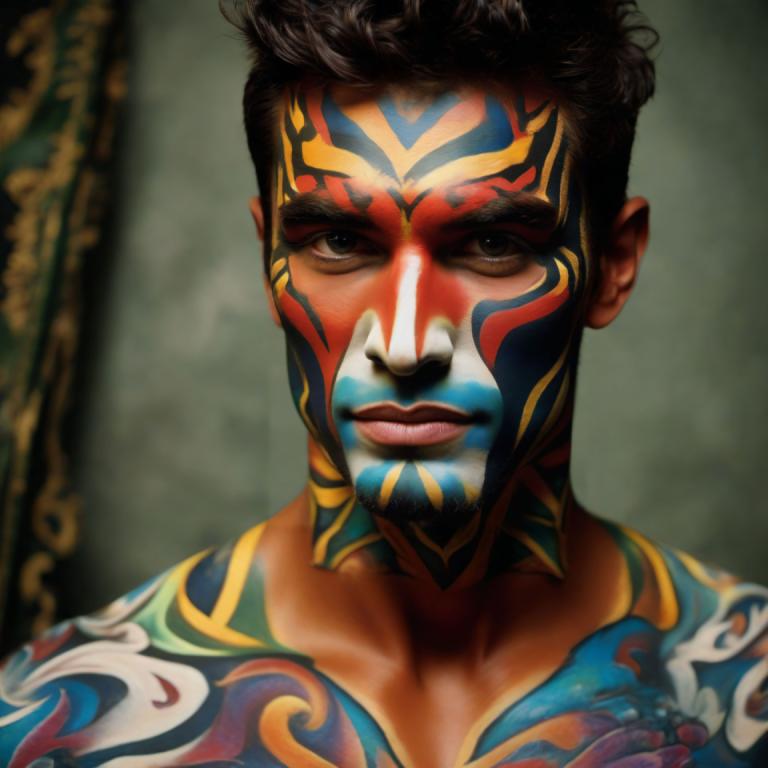 Bodypainting,Bodypainting, People, man, solo, 1boy, male focus, black hair, facepaint, realistic