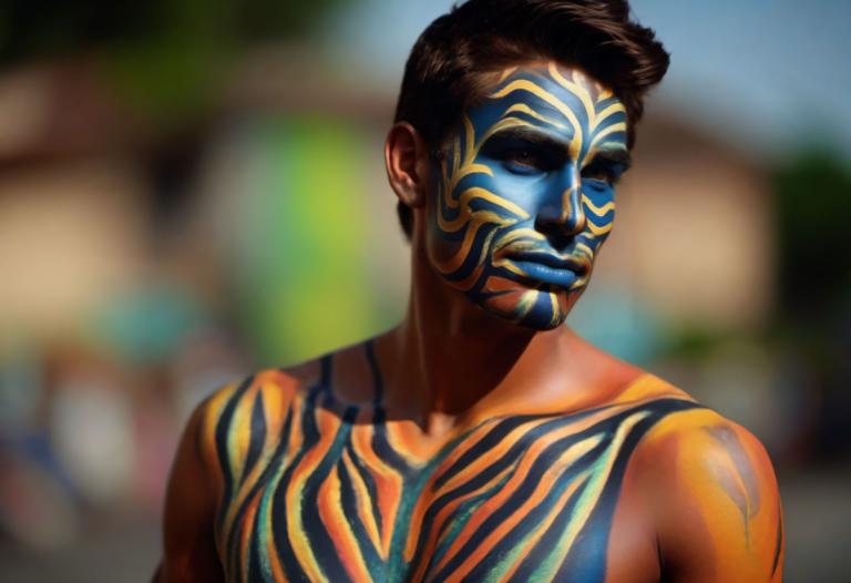 Bodypainting,Bodypainting, People, man, 1boy, male focus, solo, blurry background, blurry, tattoo, upper body