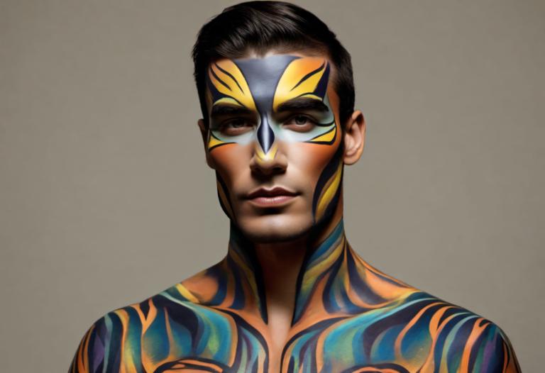 Bodypainting,Bodypainting, People, man, solo, 1boy, male focus, black hair, realistic, simple background