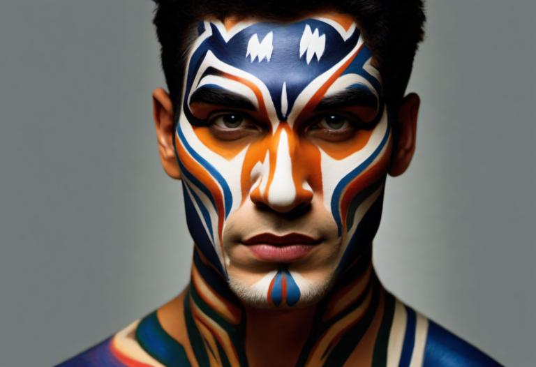 Bodypainting,Bodypainting, People, man, 1boy, solo, male focus, realistic, facepaint, grey background