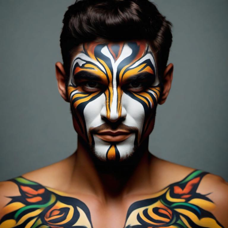 Bodypainting,Bodypainting, People, man, solo, 1boy, male focus, tattoo, black hair, facial hair, realistic