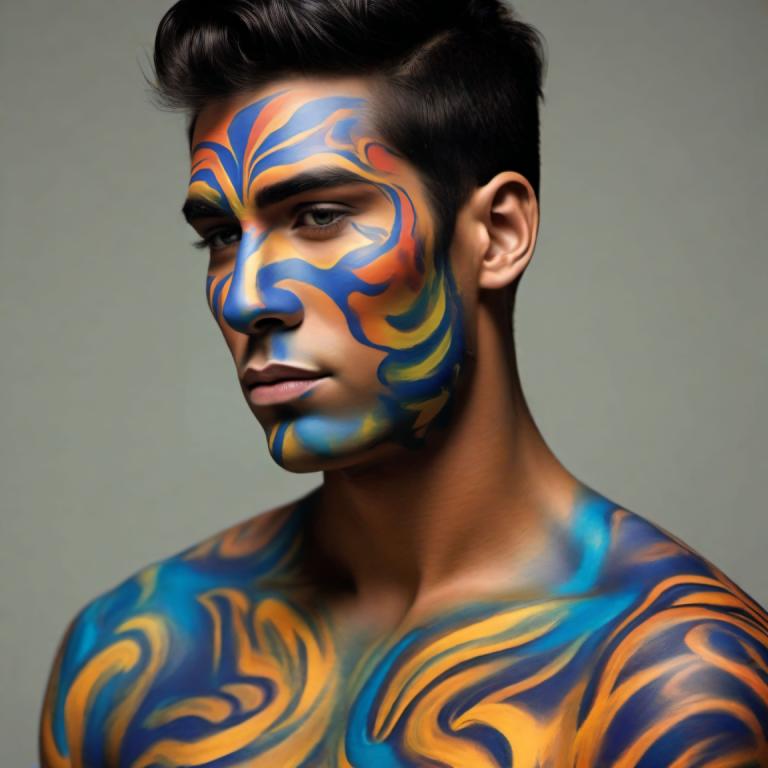 Bodypainting,Bodypainting, People, man, solo, 1boy, male focus, black hair, realistic, tattoo, facepaint