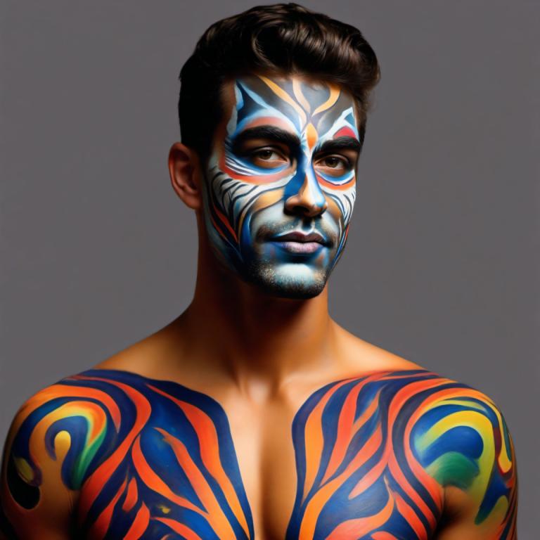 Bodypainting,Bodypainting, People, man, 1boy, male focus, solo, tattoo, facepaint, realistic, grey background