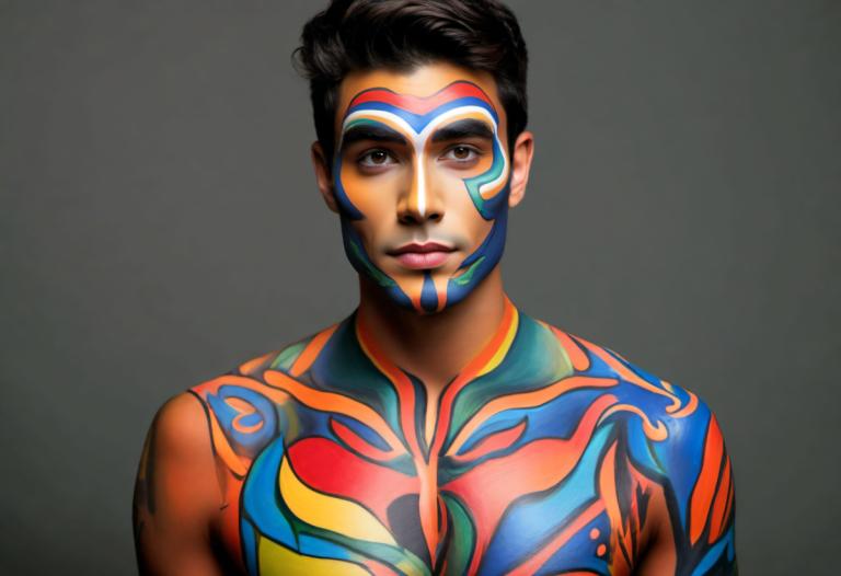 Bodypainting,Bodypainting, People, man, solo, male focus, 1boy, black hair, brown eyes, dark skin, upper body