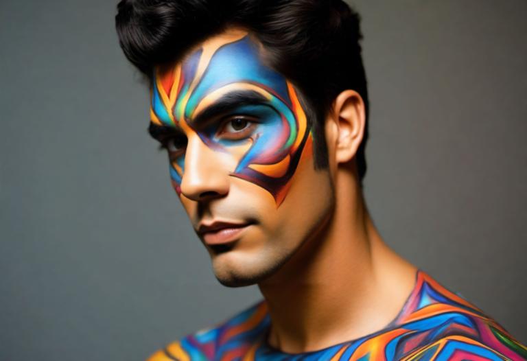 Bodypainting,Bodypainting, People, man, solo, 1boy, male focus, black hair, facepaint, realistic, facial hair