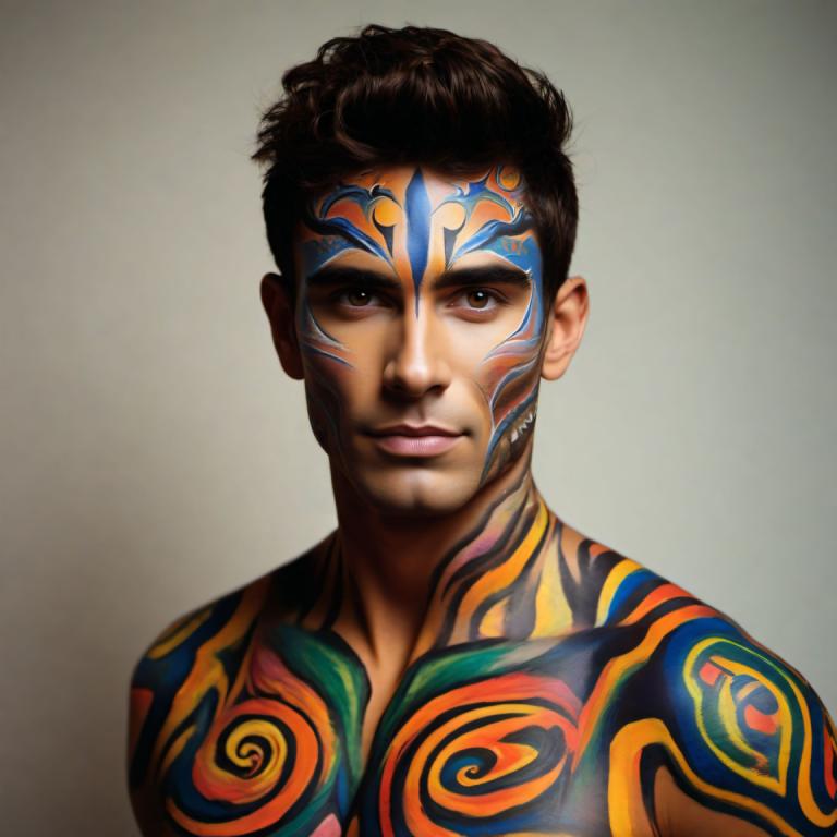 Bodypainting,Bodypainting, People, man, solo, 1boy, male focus, realistic, tattoo, brown eyes, upper body