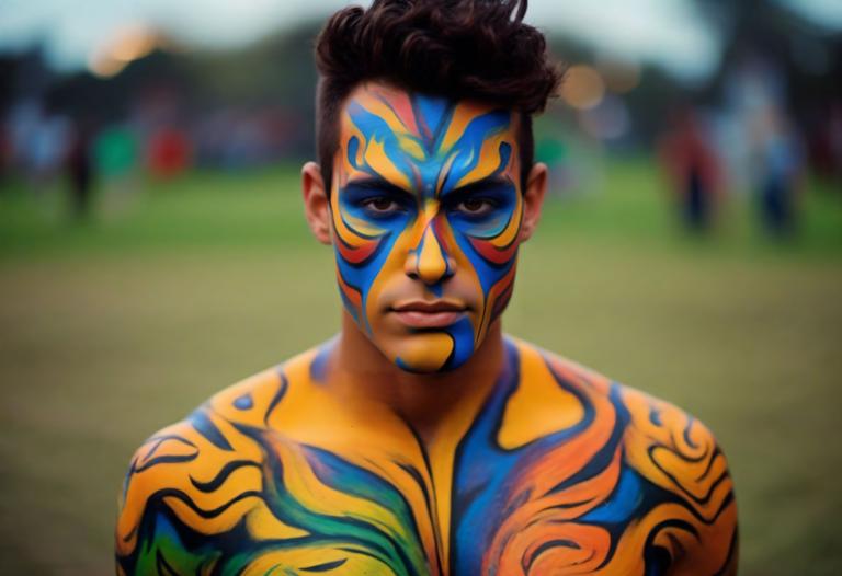 Bodypainting,Bodypainting, People, man, 1boy, male focus, solo, blurry background, blurry, tattoo, facepaint