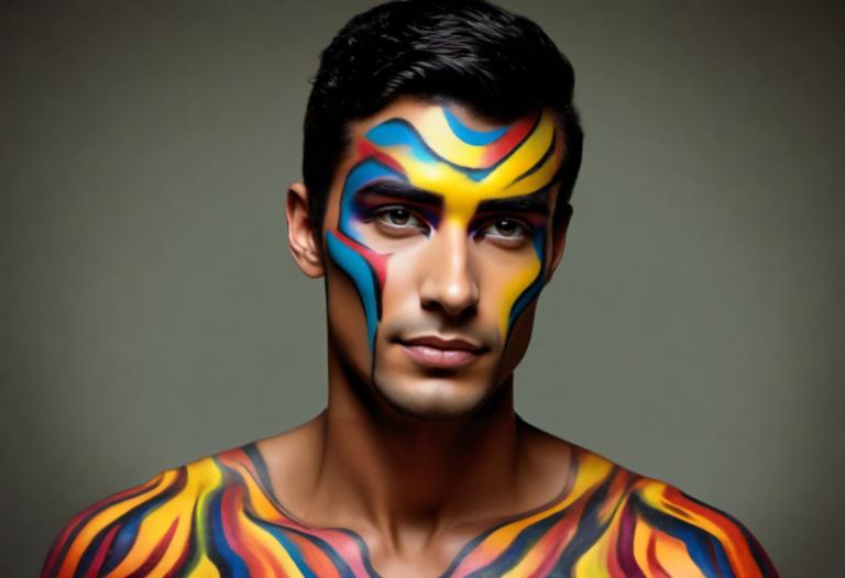 Bodypainting,Bodypainting, People, man, solo, 1boy, male focus, black hair, facepaint, realistic