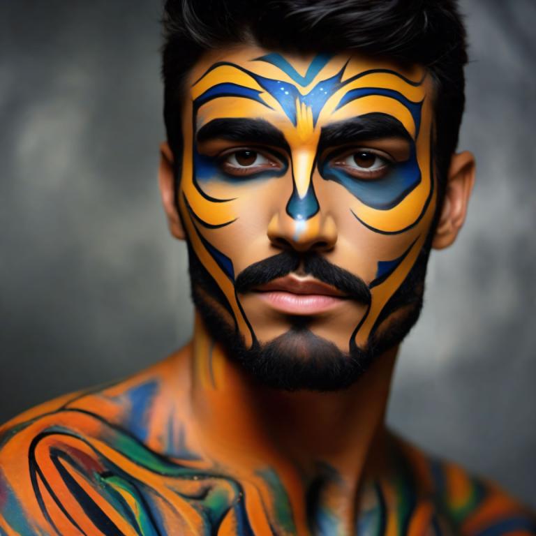 Bodypainting,Bodypainting, People, man, 1boy, male focus, solo, facial hair, black hair, brown eyes