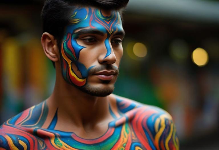 Bodypainting,Bodypainting, People, man, 1boy, male focus, solo, facial hair, black hair, realistic