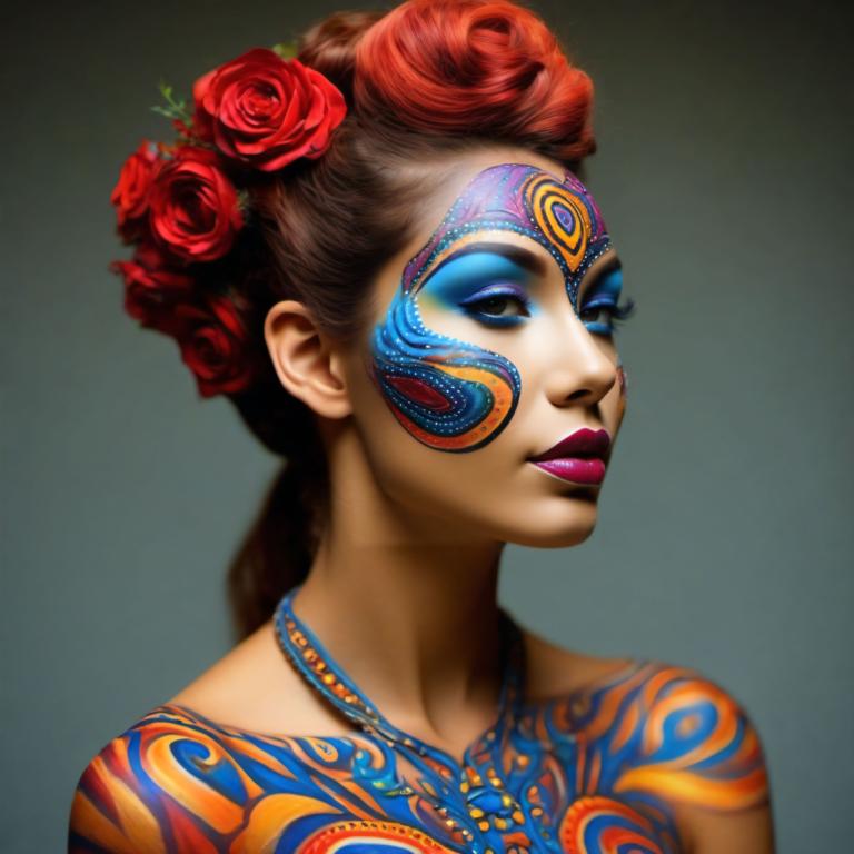 Bodypainting,Bodypainting, Mennesker, kvinde, 1 pige, solo, blomst, hårpynt, makeup, hår blomst, halskæde