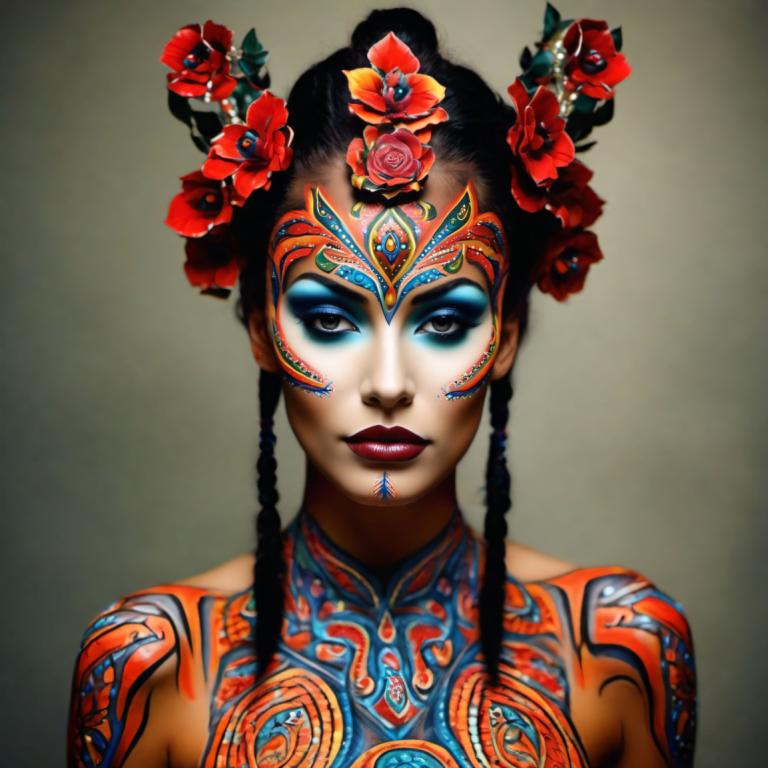 Bodypainting,Bodypainting, Mennesker, kvinde, 1 pige, solo, blomst, hårpynt, hår blomst, makeup, sort hår