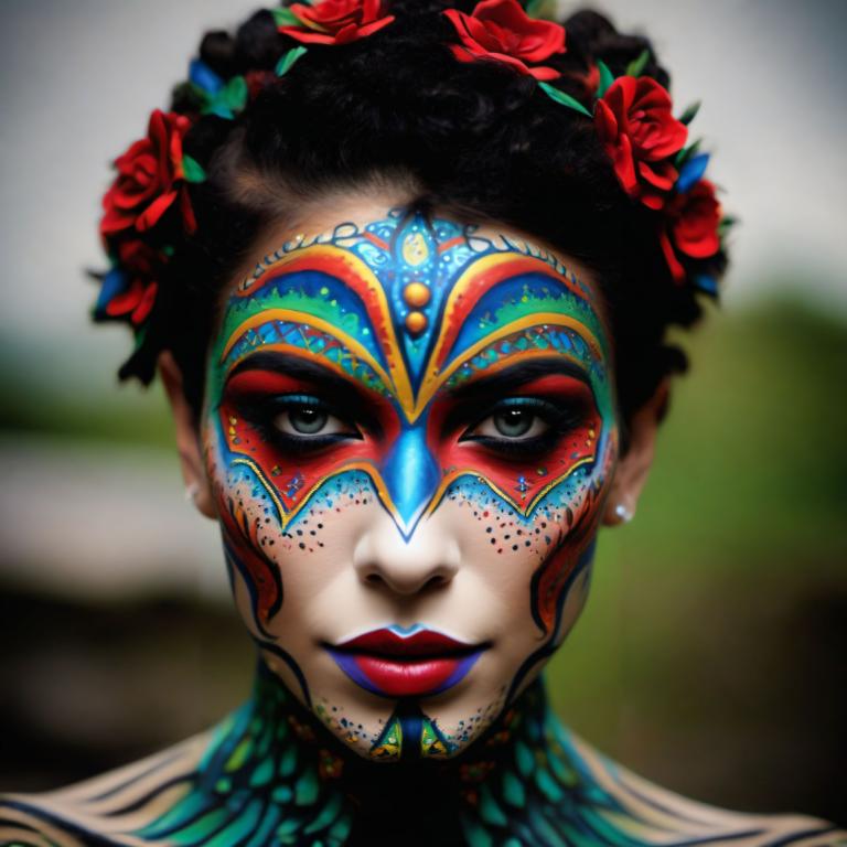 Bodypainting,Bodypainting, Mennesker, kvinde, 1 pige, solo, ansigtsmaling, blomst, makeup, hårpynt, sort hår