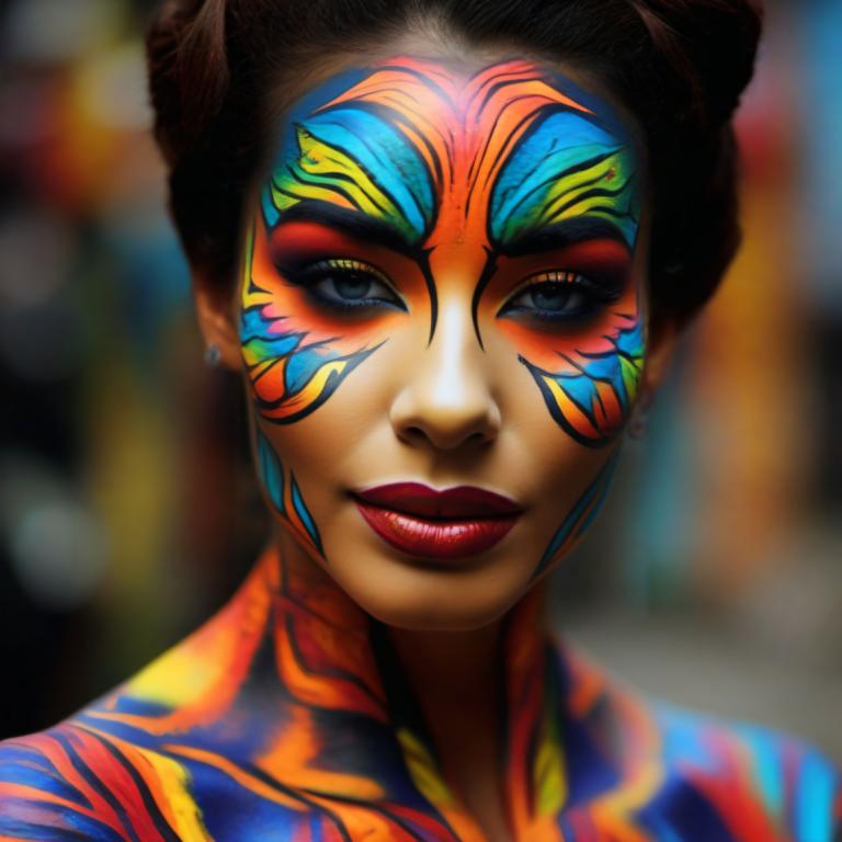 Bodypainting,Bodypainting, Mennesker, kvinde, 1 pige, solo, ansigtsmaling, makeup, røde læber, sløret