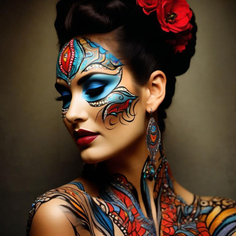 Bodypainting,Bodypainting, Mennesker, kvinde, 1 pige, smykker, solo, hårpynt, øreringe, makeup, blomst