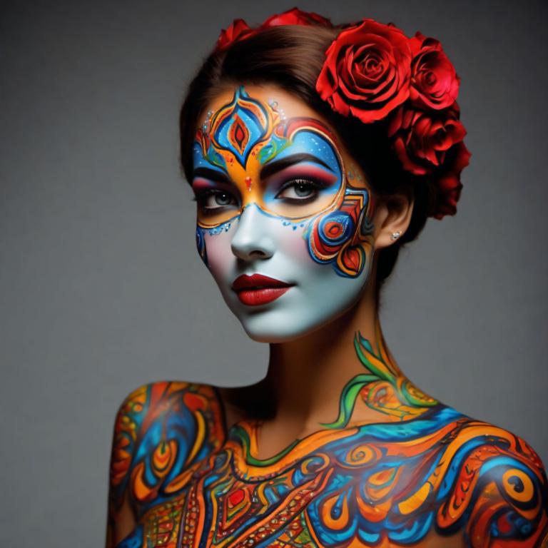 Bodypainting,Bodypainting, Mennesker, kvinde, 1 pige, solo, blomst, hår blomst, hårpynt, makeup, smykker