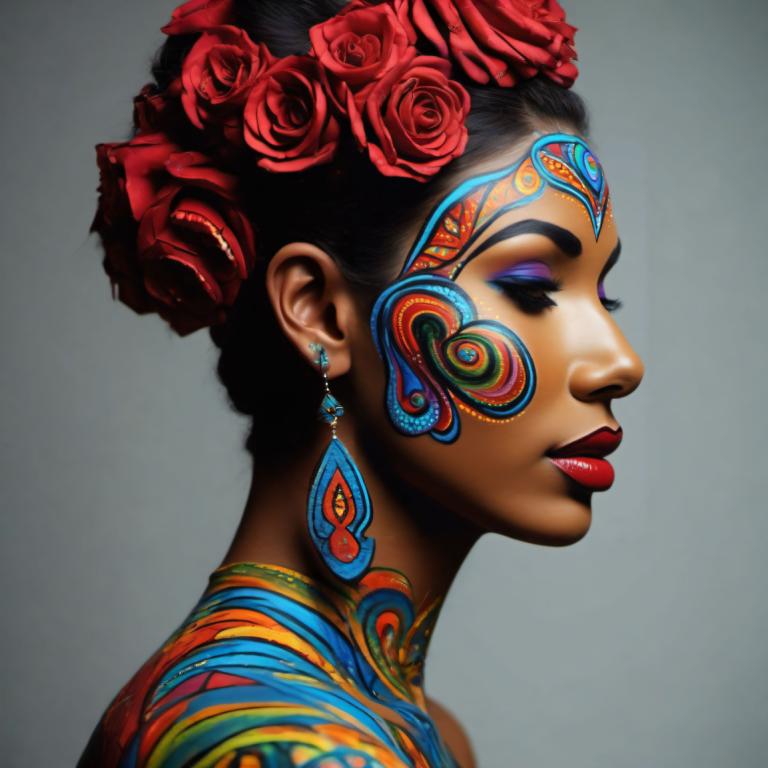 Bodypainting,Bodypainting, People, woman, 1girl, solo, jewelry, earrings, hair ornament, makeup, flower