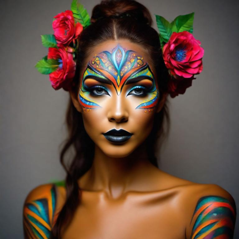 Bodypainting,Bodypainting, People, woman, 1girl, solo, makeup, flower, hair ornament, hair flower, lipstick