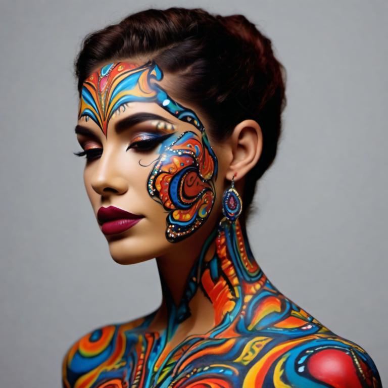 Bodypainting,Bodypainting, People, woman, 1girl, jewelry, solo, earrings, makeup, simple background