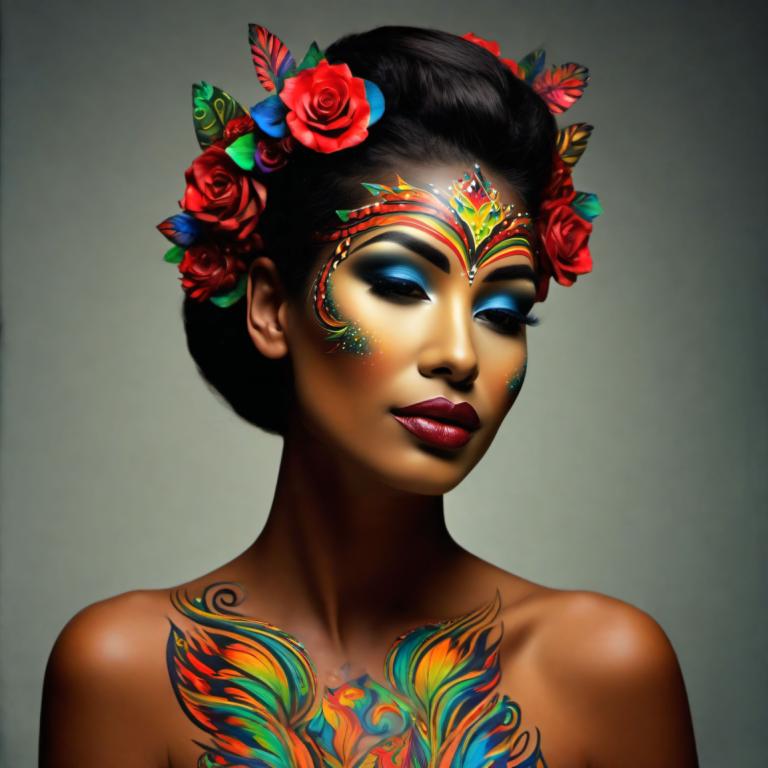 Bodypainting,Bodypainting, People, woman, 1girl, solo, flower, hair ornament, makeup, black hair, hair flower