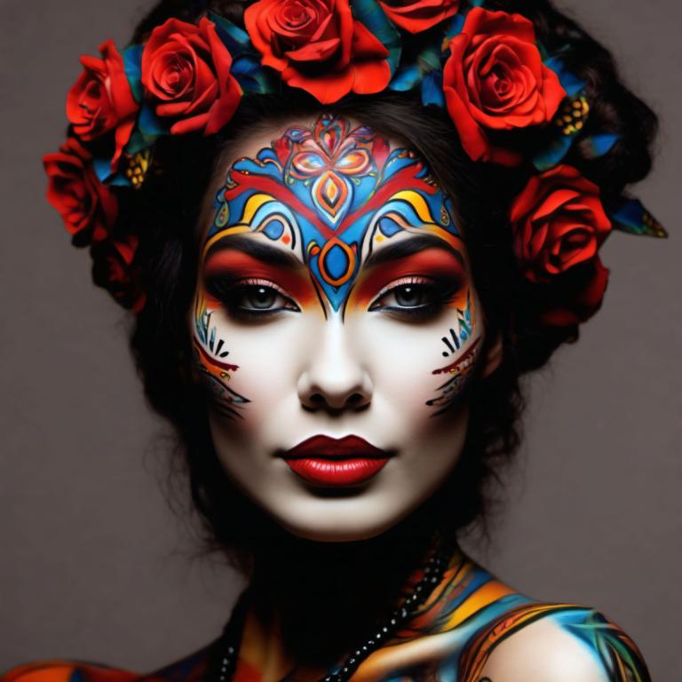 Bodypainting,Bodypainting, People, woman, 1girl, solo, flower, makeup, rose, facepaint, black hair