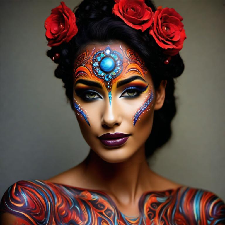 Bodypainting,Bodypainting, People, woman, 1girl, solo, hair ornament, flower, makeup, hair flower, black hair